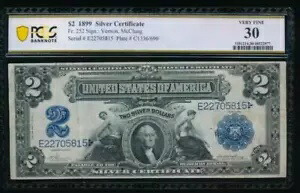 AC Fr 252 1899 $2 シルバー証明書 PCGS 30