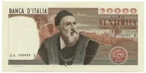 20000 リラ BANCA D'ITALIA TIZIANO 1975/02/21 qFDS