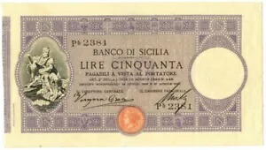 50 リラ BANCO DI SICILIA BIGLIETTO AL PORTATORE PRIMA DATA 27/04/1897 BB/BB+