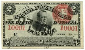2 リラ「ウソ カンピオーネ」BANCA NAZIONALE NEL REGNO D'ITALIA CAVOUR 25/07/1866 SPL