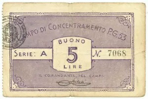 5 リラ プリジョニエリ ディ ゲッラ カンポ コンセントラメント N. 53 ウルビサリア 1939/1945 BB