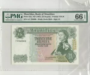 1967 モーリシャス モーリシャス銀行 25 ルピー プレフィックス A1 PMG 66 宝石未流通