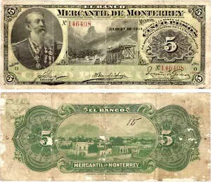 メキシコ、5 ペソ、Banco Mercantil de Monterey、1911 年 7 月 27 日、シリーズ O、S/N 146408、S352Ab
