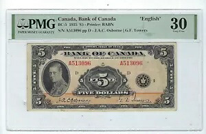 1935 年 カナダ銀行 5 ドル紙幣 BC-5 PMG 30