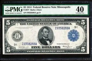 Fr.877 1914 $5 ミネアポリス「バーク グラス」 FRN+ PMG 40 非常に素晴らしい収集品