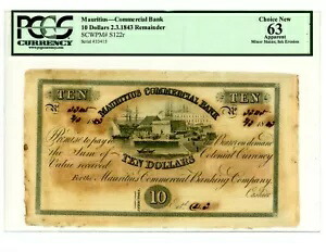 モーリシャス ... P-S122r ... 10 ドル ... 1843 ... *UNC* ... PCGS 63 (UNC) 残り。