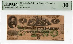 T-43 PF-1 1862 $2 南軍紙幣 - PMG Very Fine 30 - 希少タイプ!