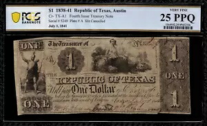 1838-41 $1 廃止 - テキサス州オースティン - テキサス共和国 - 等級 PCGS 25 PPQ