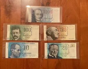 フィンランド紙幣 10-20-50-100-1000 マルクカー、リット A. 1986-1993 UNC