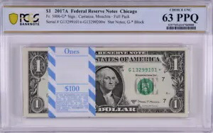 2017A $1* シカゴ フル スター パック BEP 100 ノート PCGS CU、63 PPQ、G-* フル パック。