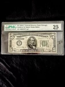 1928A $5、米国紙幣、連邦準備銀行紙幣シカゴ??スター紙幣 PMG 25??