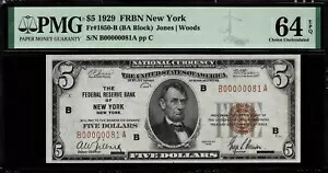 1929 年 $5 連邦準備銀行券ニューヨーク FR.1850-B - PMG 64 EPQ ロー シリアル 81