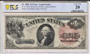 1880 $1 レア Fr 31 US ピーチレッド シール ブルー シリアル *ダブル ミュール* PMG VF 20 BV $890