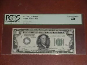 1928年 $100 FRN Numerical Gold on Demand Fr 2150-J- PCGS 40 低印刷 234,612