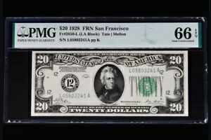1928 年 20 ドル連邦準備銀行券サンフランシスコ PMG 66 EPQ シリアル番号 L05803241A