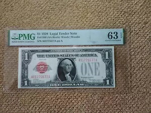 1928 年 $1 1 ドル A-A ブロック紙幣、非常に良い、CU、PMG 63 EPQ、レッドシール