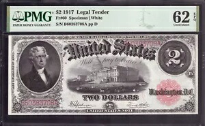 1917 年 $2 法定通貨紙幣 FR.60 スピールマン ホワイト PMG 未流通 62 EPQ
