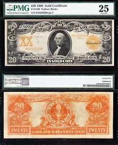 素敵な SCARCE 大胆で鮮明な VF+ Fr. 1186 ティーヒー 1906 $20 ゴールド証明書! PMG25！