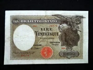 1923年 イタリア王国 レア R3 紙幣 25リラ アクイラ ビリエット VF BB