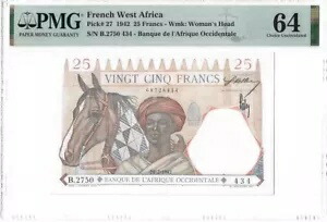 PMG 64 フランス領西アフリカ 1942 紙幣 25 フラン
