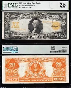 素敵な SCARCE 大胆で鮮明な VF+ Fr. 1186 ティーヒー 1906 $20 ゴールド証明書! PMG25！