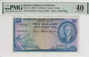 英国カリブ海領土 1951 2 ドル PMG 認定紙幣 XF 40 ピック 2