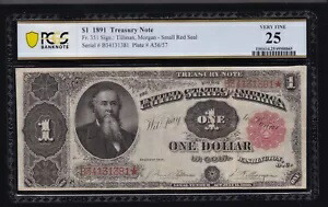 US 1891 $1 財務省紙幣 無地バックノート FR 351 PCGS 25 Ch VF (381)