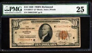 Fr.1860-E* 1929 $10 リッチモンド ***スター*** FRBN PMG 25 非常に希少なコレクティブル XL