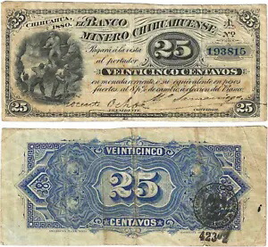 メキシコ、25 セント、Banco Minero Chihuahuense、1880、シリーズ A、S/N 193815、S-172a