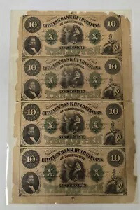 1860 年代ルイジアナ州市民銀行 10 ドル紙幣ノーカット シート フレーム入り