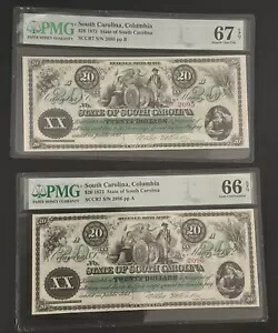 1872 $20 サウスカロライナ コロンビア PMG 66 & 67 連続シリアル番号 EPQ Unc