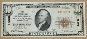 1929年 10ドル紙幣 ブラウンシール紙幣 第一国立銀行ウェインズボロ 非常に珍しい！