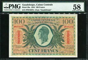 グアドループ 1944、100 フラン、P29a、PMG 58 AUNC