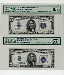 1934 D $5 チェンジオーバー ペア Fr.#1654w ワイド 1 & 1654n ナロー - PMG 65 EPQ & 67 EPQ