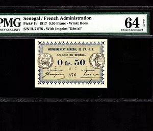 セネガル 0.50 フラン 1917 P-1b * PMG Unc 64 EPQ * フランス政府 *