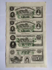 米国、グッドスピード ランディングのニューイングランド銀行、4 枚の紙幣のカットされていないシート、1860 UNC