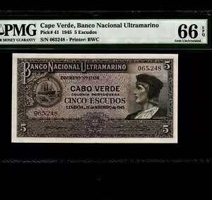 カーボベルデ 5 エスクード 1945 P-41 * PMG Gem Unc 66 EPQ * レアグレード *