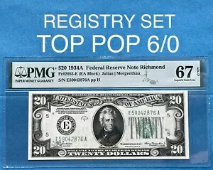 GEM UNC 「レジストリー トップ ポップ 6/0」 1934A $20 FRN FR#2055-E PMG 67 EPQ EA ブロック