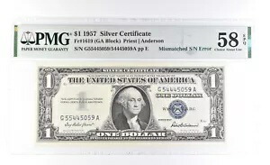 1957 $1 シルバー証明書 Fr#1619 S/N エラー 58 選択 AU EPQ PMG *0944
