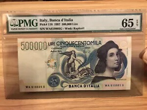 イタリア、イタリア銀行 ピック番号 118 1997 500,000 リラ PMG 65EPQ @\@