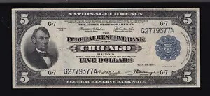 米国 1918 年 $5 連邦準備銀行券 シカゴ FR 794 VF (-377)