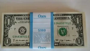 FRN シリーズ 2009 $I.00 X $100.00 = $100.00 ドル BEP パック未流通クリスプ。