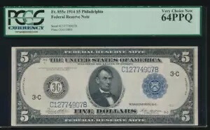 AC Fr 855c 1914 $5 フィラデルフィア FRN PCGS 64 PPQ