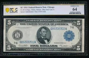 AC Fr 871a 1914 $5 シカゴ FRN PCGS 64