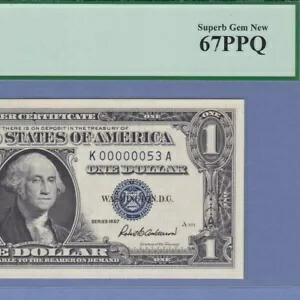 レア 1957 2 桁シリアル $1 シルバー証明書 PCGS 67 PPQ 素晴らしい宝石 00000053