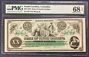 1872 $20 サウスカロライナ州 ~ PMG 68 EPQ ~ 素晴らしい、未流通の宝石!!!!