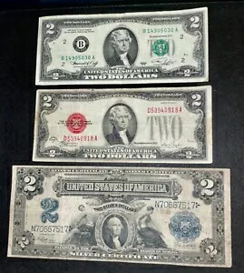 $1；$2；$5 赤、青、緑シール、2 ドル 1899 銀証明書、1917 $1 のセット