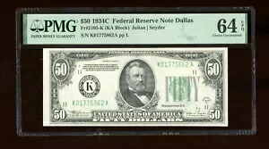 DBR 1934-C $50 FRN ダラス Fr. 2105-K PMG 64 EPQ シリアル K01775862A