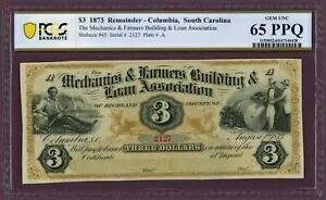 1873 機械工および農民建設および融資協会 SC $3 65 PPQ PCGS (L0565)