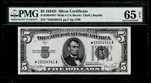 1934 D $5 ドル スター クラーク スナイダー 未流通 PMG 65 EPQ